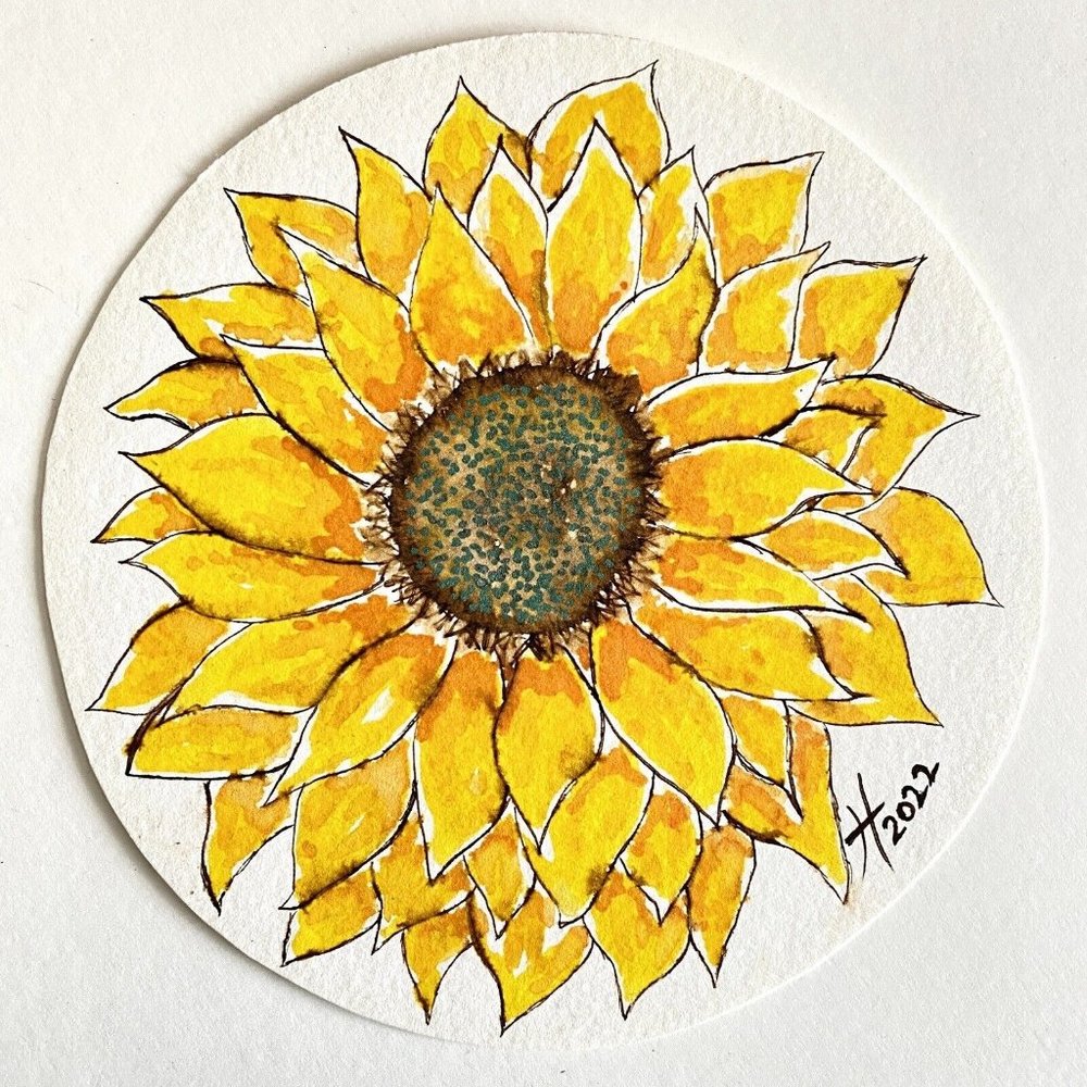 Sunflower Original Art Round Handmade Watercolor Dip Pen Painting Framed 7"